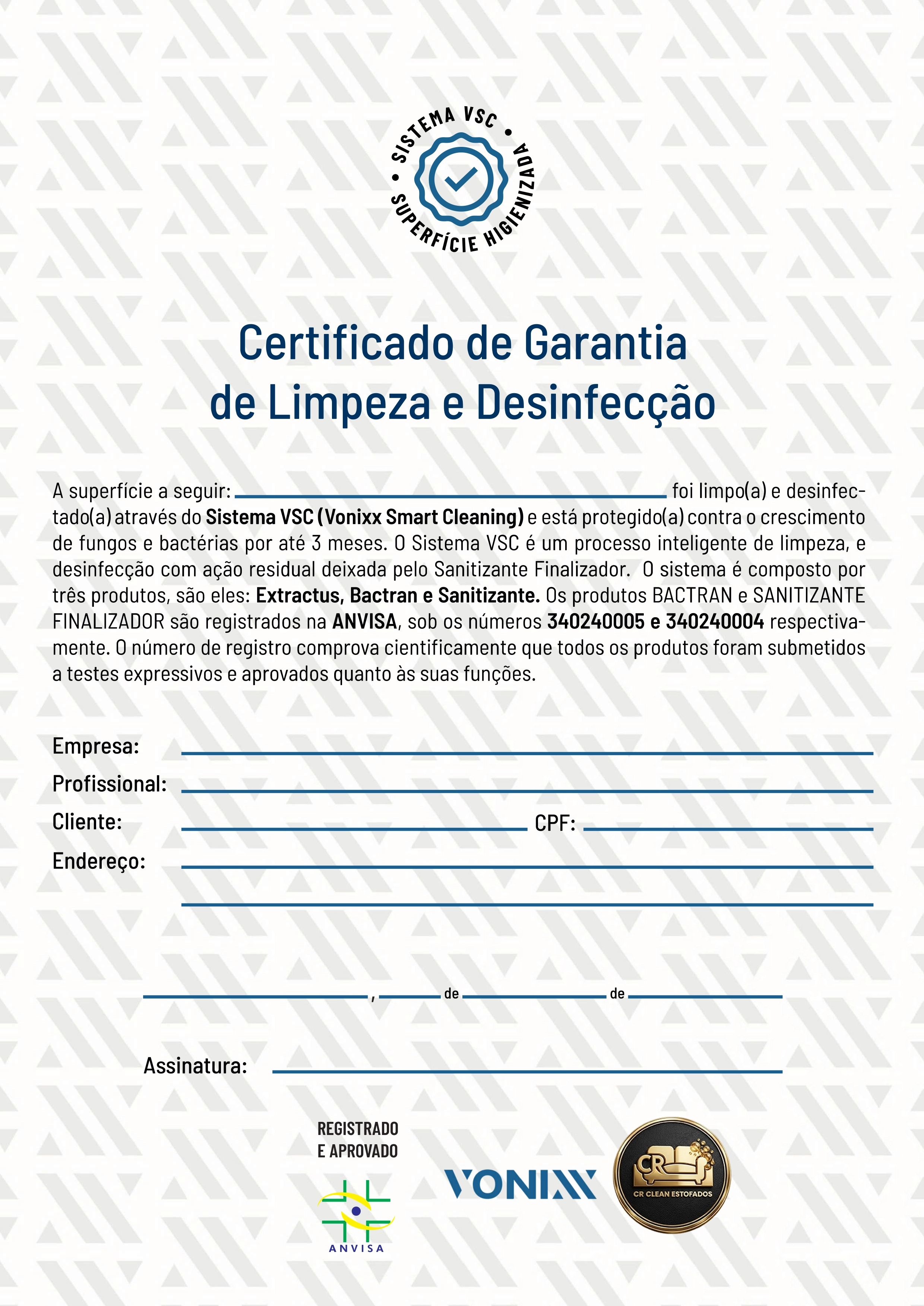 Certificado de Garantia ANVISA CR Clean